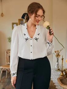 SHEIN Frenchy Plus Floral Embroidery Shirt - White - View 3