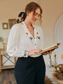 SHEIN Frenchy Plus Floral Embroidery Shirt - White - View 5
