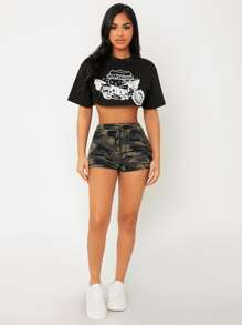 SHEIN PETITE 迷彩印花腰部打結短褲 - 彩色 - 查看 3