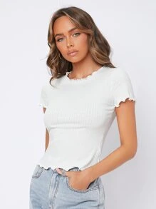 SHEIN PETITE 木耳邊羅紋針織T恤 - 白色 - 查看 1
