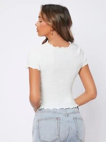 SHEIN PETITE 木耳邊羅紋針織T恤 - 白色 - 查看 2