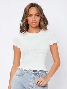 SHEIN PETITE 木耳邊羅紋針織T恤 - 白色 - 查看 3