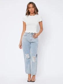 SHEIN PETITE 木耳邊羅紋針織T恤 - 白色 - 查看 4