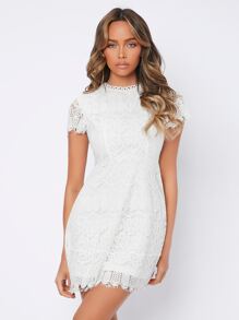 SHEIN PETITE Lace Mock Neck Fitted Dress - White - View 1