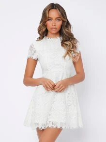 SHEIN PETITE Lace Mock Neck Fitted Dress - White - View 4