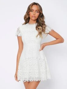 SHEIN PETITE Lace Mock Neck Fitted Dress - White - View 5