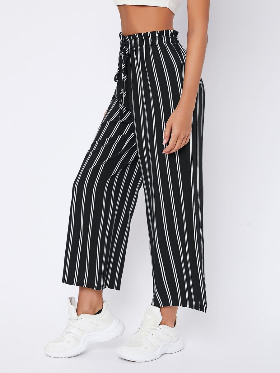 SHEIN PETITE Striped Tie Waist Trousers - Black - View 1