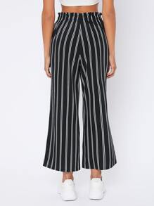 SHEIN PETITE Striped Tie Waist Trousers - Black - View 2