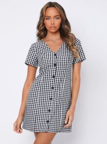 SHEIN PETITE Gingham Button Through Dress - Black and White - View 1