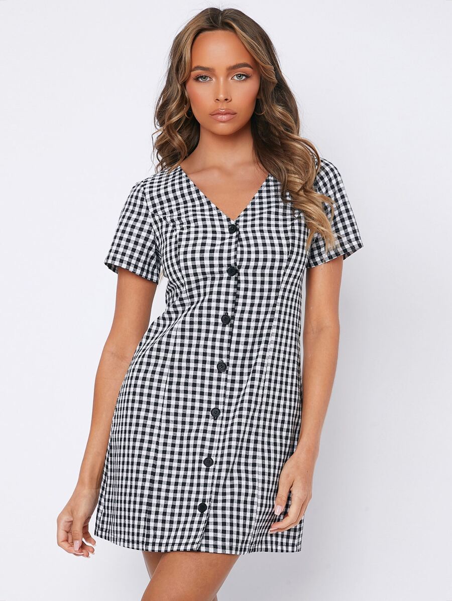 SHEIN PETITE Gingham Button Through Dress - Black and White - View 1