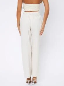 SHEIN PETITE 彈性腰帶闊腿褲 - 米色 - 查看 2