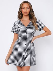 SHEIN PETITE Gingham Button Through Dress - Black and White - View 4