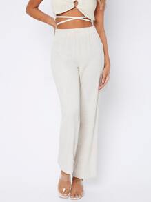 SHEIN PETITE 彈性腰帶闊腿褲 - 米色 - 查看 4
