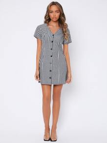 SHEIN PETITE Gingham Button Through Dress - Black and White - View 5