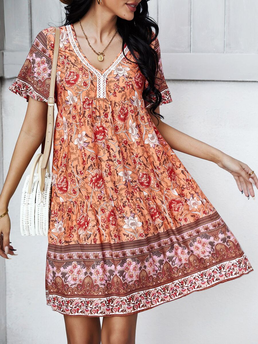 蕾絲拼接花卉圖案娃娃裙 - 橘色 - 查看 1