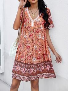 蕾絲拼接花卉圖案娃娃裙 - 橘色 - 查看 6