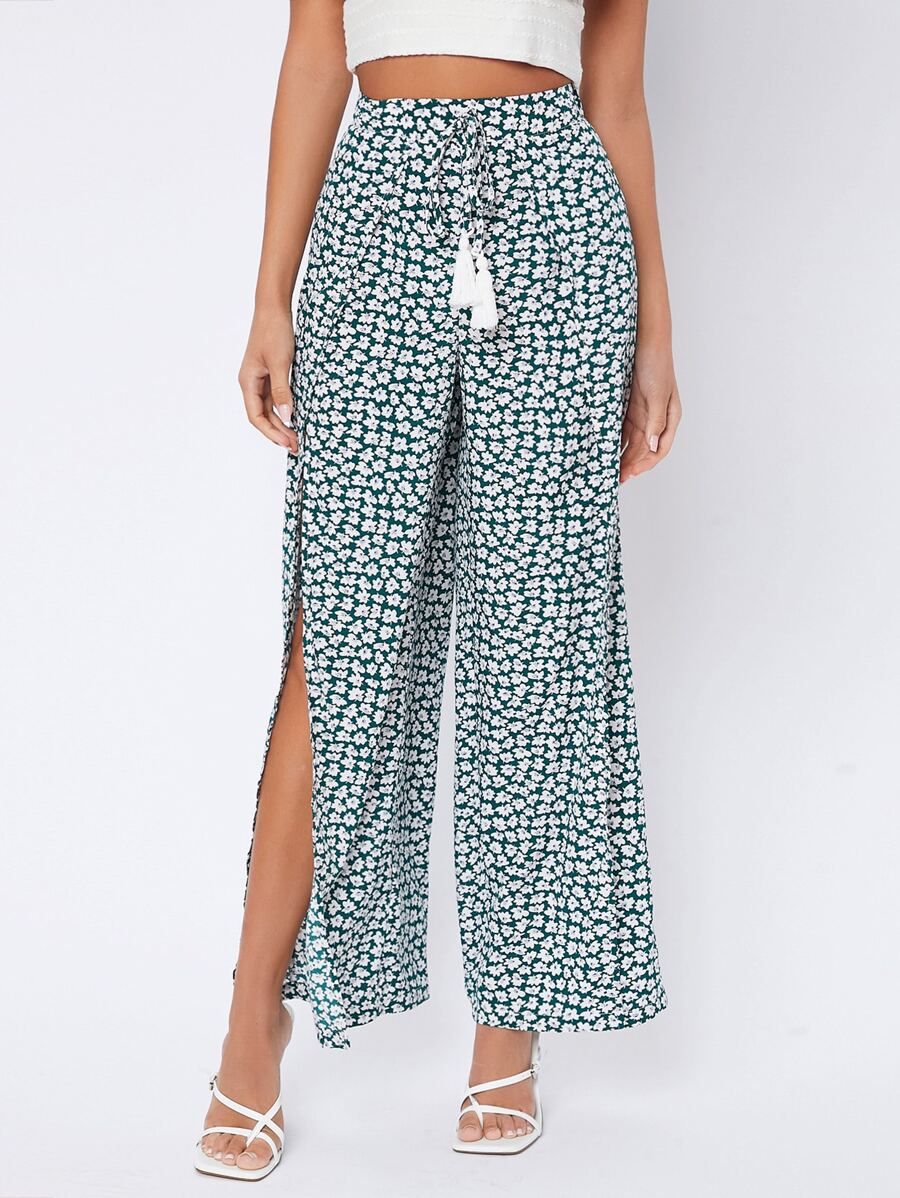 SHEIN PETITE High Waist Drawstring Fringe Ditsy Floral Print Split Thigh Trousers - Multicolor - View 1
