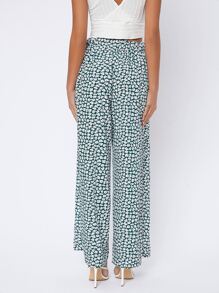SHEIN PETITE High Waist Drawstring Fringe Ditsy Floral Print Split Thigh Trousers - Multicolor - View 2