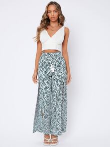 SHEIN PETITE High Waist Drawstring Fringe Ditsy Floral Print Split Thigh Trousers - Multicolor - View 3