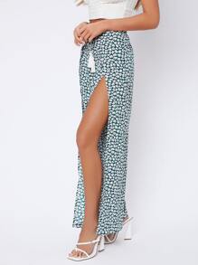 SHEIN PETITE High Waist Drawstring Fringe Ditsy Floral Print Split Thigh Trousers - Multicolor - View 5