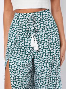 SHEIN PETITE High Waist Drawstring Fringe Ditsy Floral Print Split Thigh Trousers - Multicolor - View 6