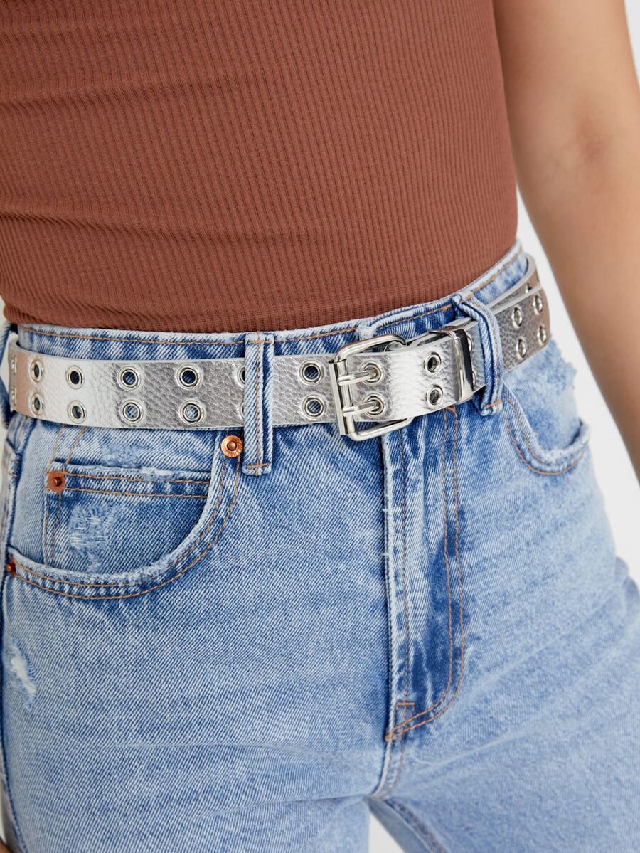 Cinturón Plateado Con Ojales Dobles Y Decoración Metálica De Estilo Dulce Pero Fresco Para Chicas - Plateado - Ver 1