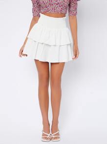 SHEIN PETITE Solid Shirred Frill Trim Flared Peplum Skirt - White - View 1