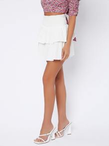 SHEIN PETITE Solid Shirred Frill Trim Flared Peplum Skirt - White - View 6