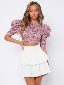 SHEIN PETITE 小碎花泡泡袖後背繫帶短款上衣 - 彩色 - 查看 1