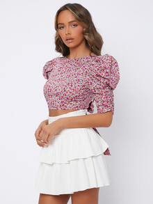 SHEIN PETITE 小碎花泡泡袖後背繫帶短款上衣 - 彩色 - 查看 5