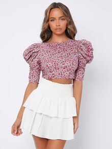 SHEIN PETITE 小碎花泡泡袖後背繫帶短款上衣 - 彩色 - 查看 6