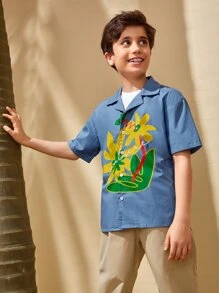 SHEIN 男孩字母和花卉圖案襯衫