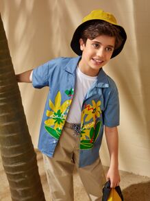 SHEIN 男孩字母和花卉圖案襯衫