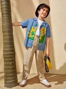 SHEIN 男孩字母和花卉圖案襯衫