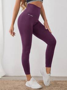 Yoga Basic 字母圖案無縫透氣運動打底褲 - 紫色 - 查看 1