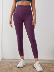 Yoga Basic 字母圖案無縫透氣運動打底褲 - 紫色 - 查看 5