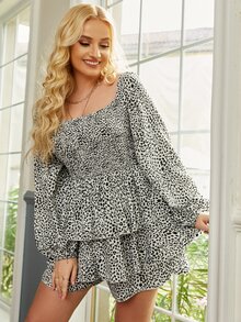 Simplee Plus Square Neck Allover Print Layered Hem Romper - Black and White - View 4