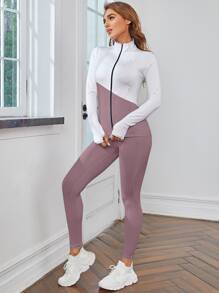 Gameset SHEIN Sport Breathable Mock Neck Sports Jacket & Leggings Set Workout Women Set - Multicolor - View 3