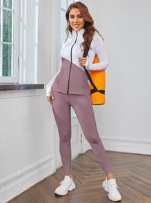 Gameset SHEIN Sport Breathable Mock Neck Sports Jacket & Leggings Set Workout Women Set - Multicolor - View 5
