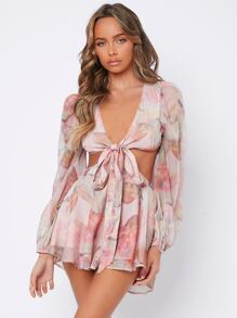 SHEIN PETITE Floral Print Backless Tie Front Jumpsuit - Multicolor - View 5