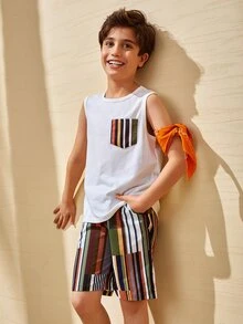 SHEIN Boys Striped Pocket Tank Top & Shorts Set - Multicolor - View 6