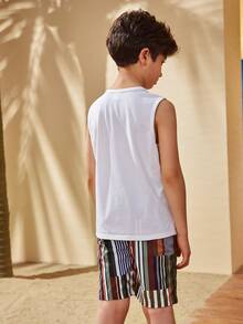 SHEIN Boys Striped Pocket Tank Top & Shorts Set - Multicolor - View 4