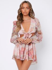 SHEIN PETITE Floral Print Backless Tie Front Jumpsuit - Multicolor - View 6