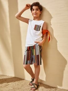 SHEIN Boys Striped Pocket Tank Top & Shorts Set - Multicolor - View 10