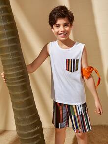 SHEIN Boys Striped Pocket Tank Top & Shorts Set - Multicolor - View 7
