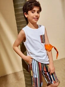 SHEIN Boys Striped Pocket Tank Top & Shorts Set - Multicolor - View 8