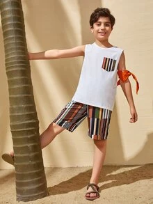 SHEIN Boys Striped Pocket Tank Top & Shorts Set - Multicolor - View 3