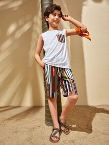 SHEIN Boys Striped Pocket Tank Top & Shorts Set - Multicolor - View 9