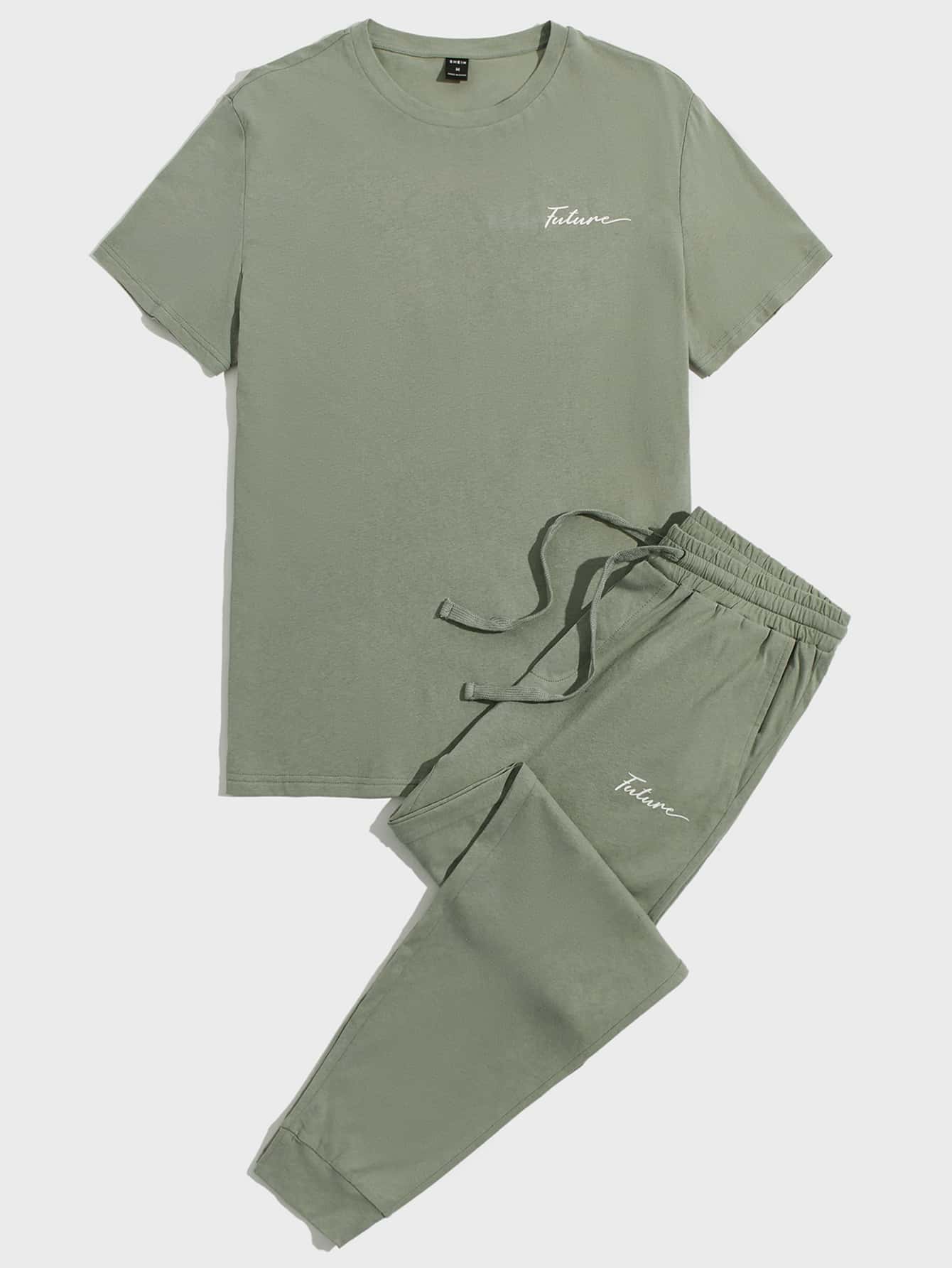 Manfinity Men Letter Graphic Top & Trousers Lounge Set - Army Green - View 1