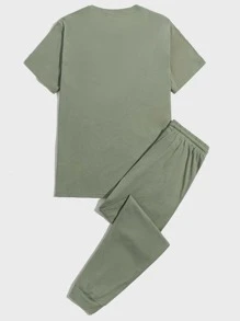 Manfinity Men Letter Graphic Top & Trousers Lounge Set - Army Green - View 2